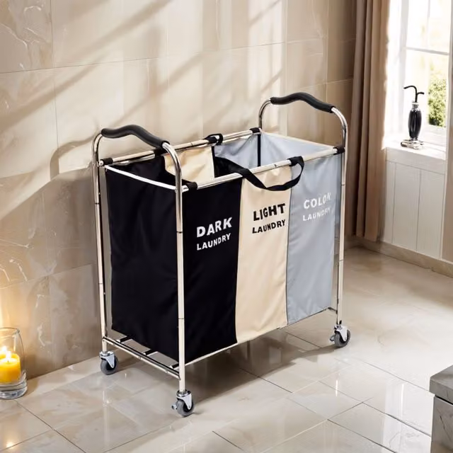 H&O Direct 240L 3-Section Multicolour Fabric Laundry Basket with Wheels – 1