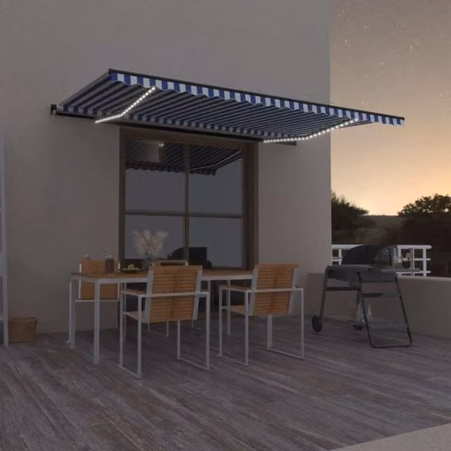 Berkfield Home Manual Retractable Awning with LED, Blue and White Striped Polyester, W: 500 cm, D: 300 cm – 1