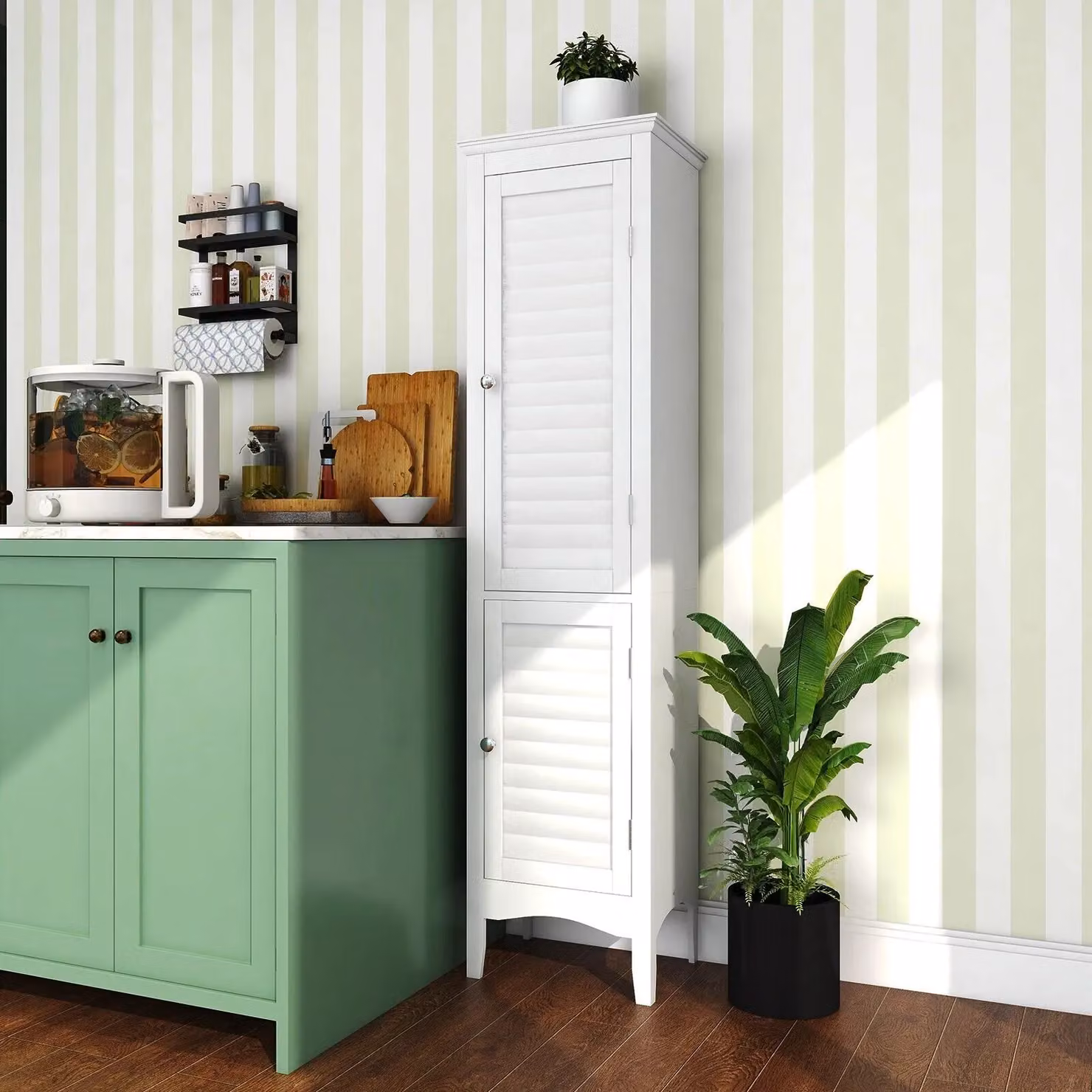Costway 5-Tier Slim Freestanding Bathroom Storage Cabinet with 2 Hinged Doors in White – 4