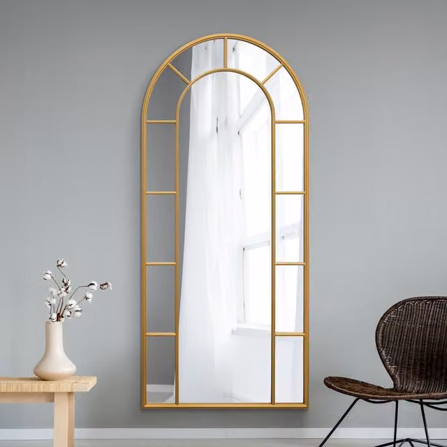 MirrorOutlet Arcus Metal Framed Arched Leaner Wall Mirror in Gold, H 190 cm x W 85 cm