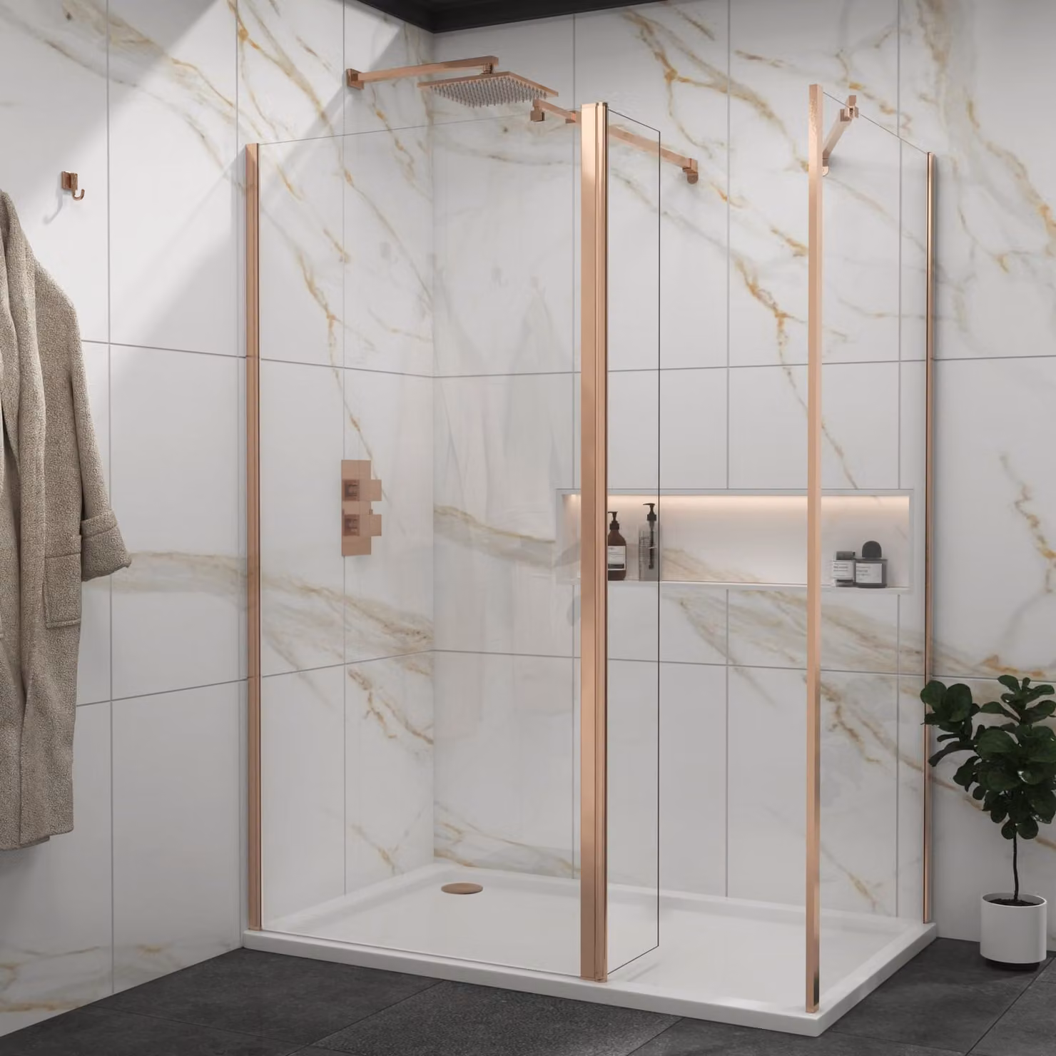 Royal Bathrooms Marbella Walk In Shower Enclosure with Tray and Flipper Panel, Brushed Bronze, W/D/H: 120 x 80 x 18.5 cm, 8mm Easy Clean Glass