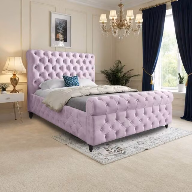 KDMD Wareham Sleigh Upholstered Pink Soft Velvet Designer Bed Frame, Size: Small Double (W/D/H: 120 x 200 cm)