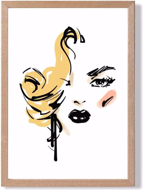 ARTZE Fashion Face Pen and Ink Sketch Framed Print, Yellow and Multicolour Abstract Illustration in an Oak Wood Frame, A2
