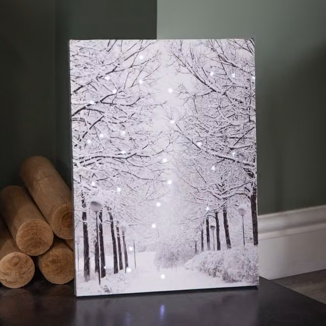 Samuel Alexander Winter Avenue Battery Operated Light Up Fibre Optic Christmas Wall Canvas in White, W: 40 cm, H: 30 cm