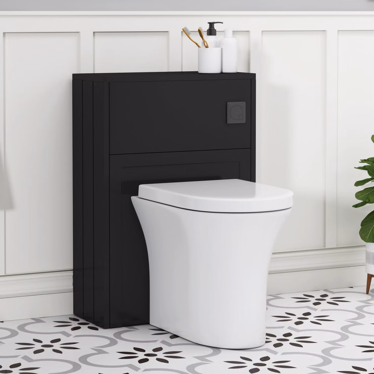 Royal Bathrooms Elmore Wall Mounted WC Unit in Matt Nocturne Black with Breeze Rimless Ceramic Toilet Pan, Seat and Cistern, Width: 55 cm