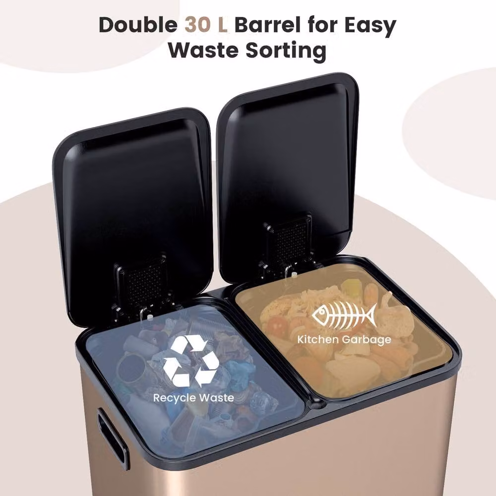Gymax 60L Dual Step Trash Can with Two 30L Removable Liners in Rose Gold Stainless Steel – 4