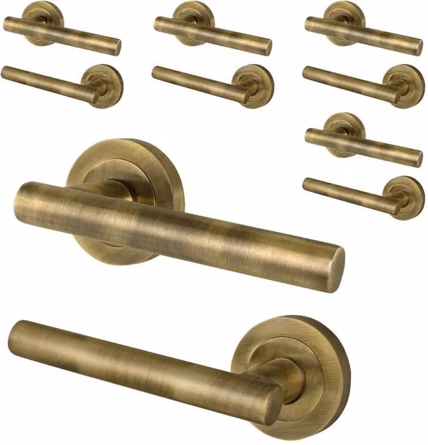 AFIT Antique Brass T-Bar Internal Lever Door Handles with Round Rose in Gold, 5 Pairs