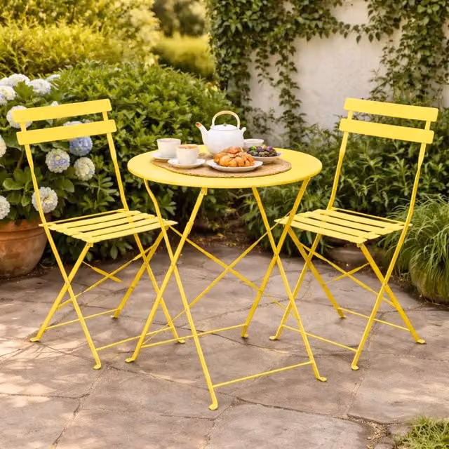 Marco Paul 3 Piece Folding Outdoor Bistro Set in Yellow Matt Powder Coated Steel – 1