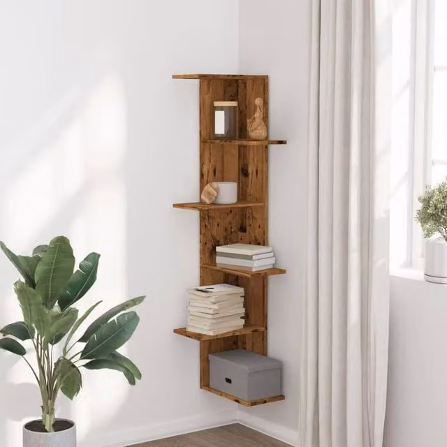 Berkfield Home Wall Mounted Corner Shelf in Old Wood Brown, W/D/H: 36.5 x 36.5 x 140 cm