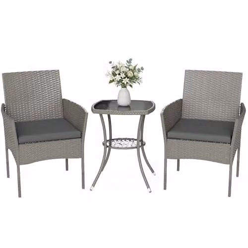 Outsunny 3 Piece Rattan Bistro Set in Grey with Glass-Top Coffee Table and Armchairs – 1