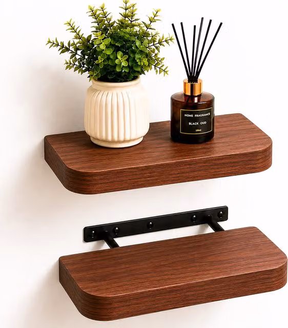 Innoteck Set of 2 Walnut Wooden Floating Wall Shelves with Rounded Edges, 40 cm