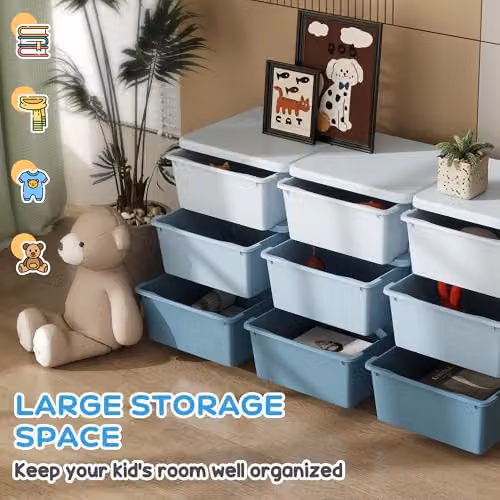 HOMCOM 3-Tier Plastic Kids Toy Storage Unit with 9 Drawers, Blue, W/D/H: 56.5 x 37.0 x 113.0 cm – 3
