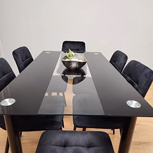 Kosy Koala Black and Transparent Glass Dining Set with 6 Black Tufted Velvet Chairs, W: 140 cm, D: 80 cm, H: 75 cm – 5