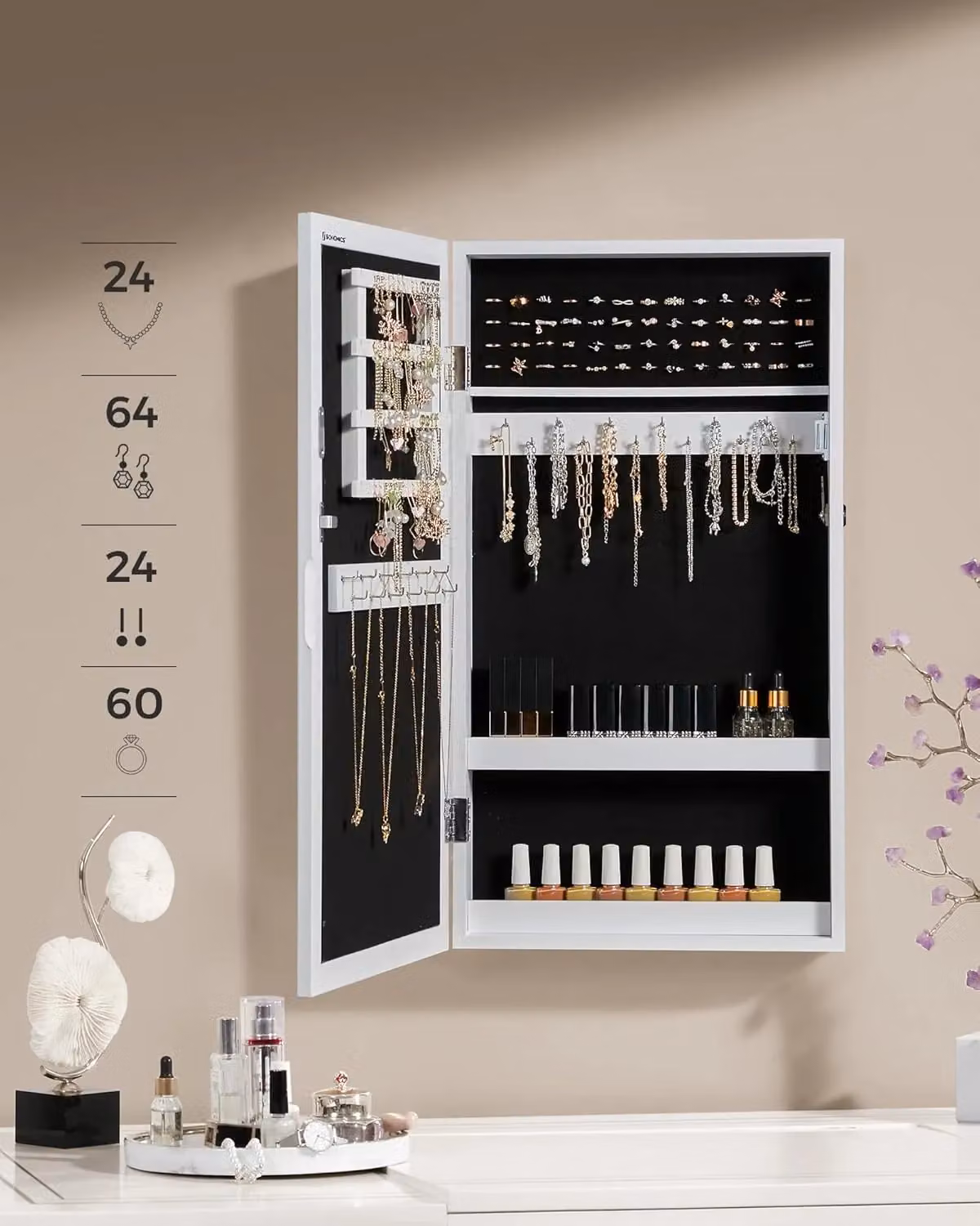 SONGMICS Wall Mounted Mirror Cabinet with Lockable Jewellery Storage in White – 2