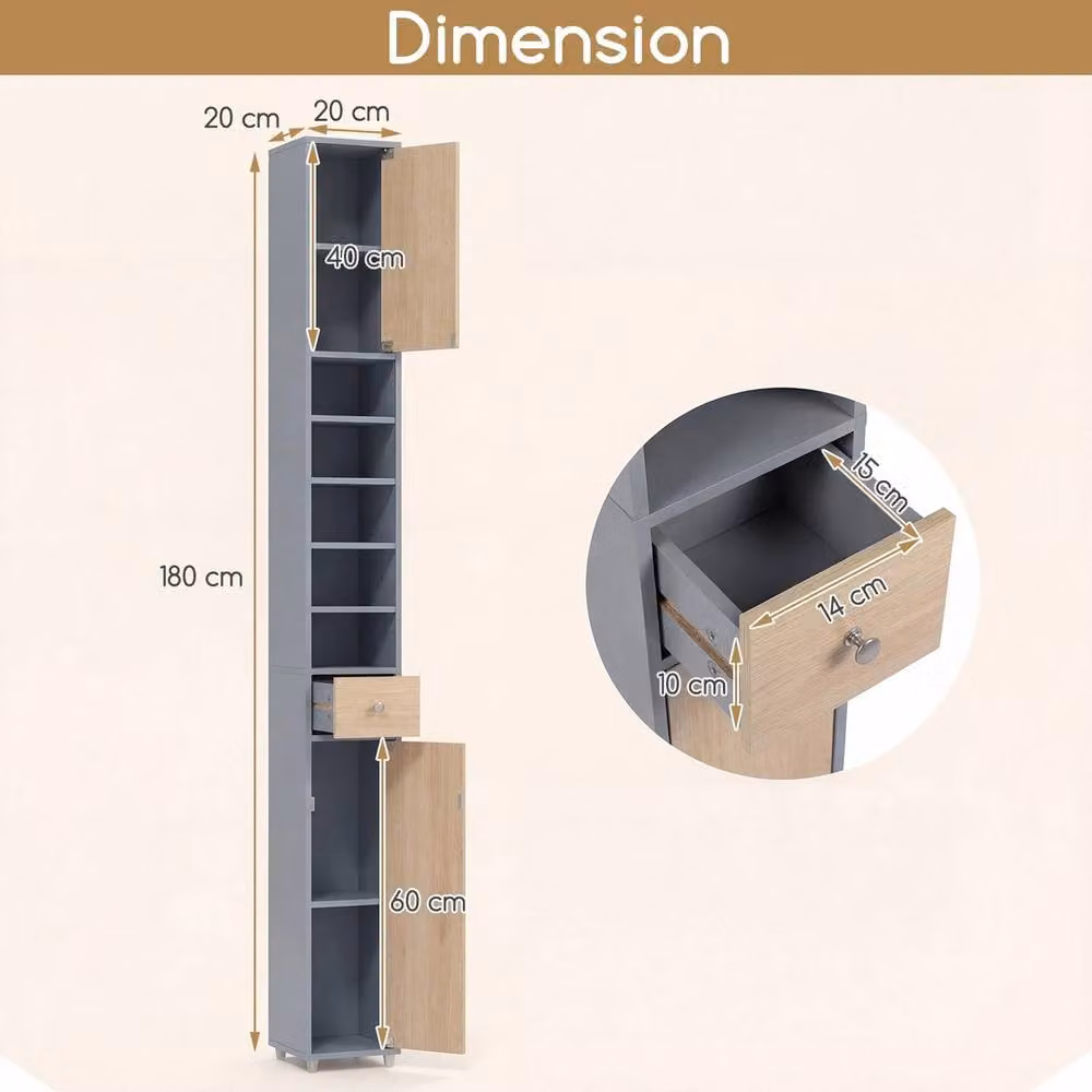 Havendro Tall Slim Grey Bathroom Cabinet with 2 Hinged Doors and 5 Internal Shelves, Height: 180 cm – 2