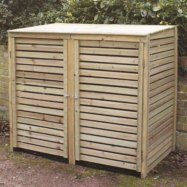 Samuel Alexander Large Rustic Wooden Double Wheelie Bin Store in Brown