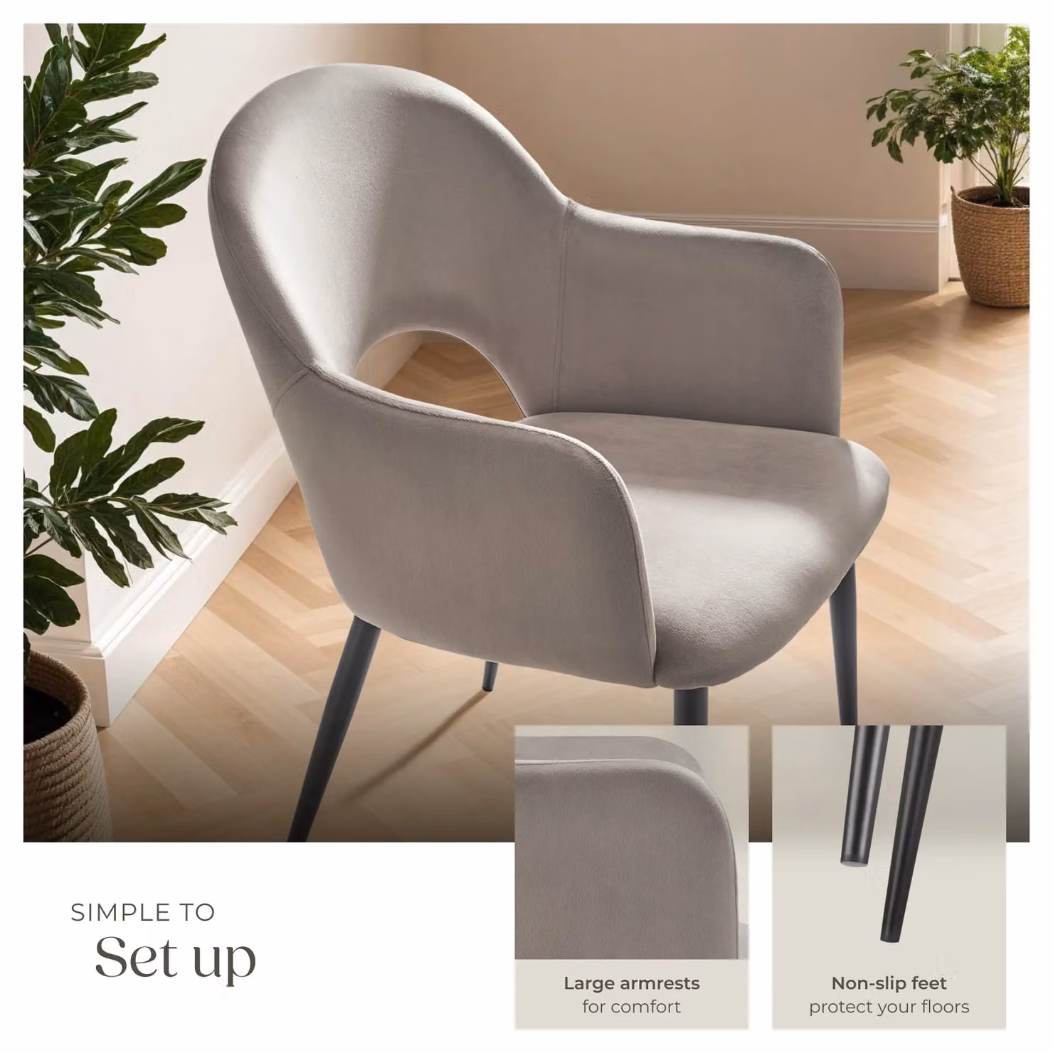 tectake Sasha Set of 6 Modern Dining Chairs in Taupe with Armrests and Metal Frame – 4