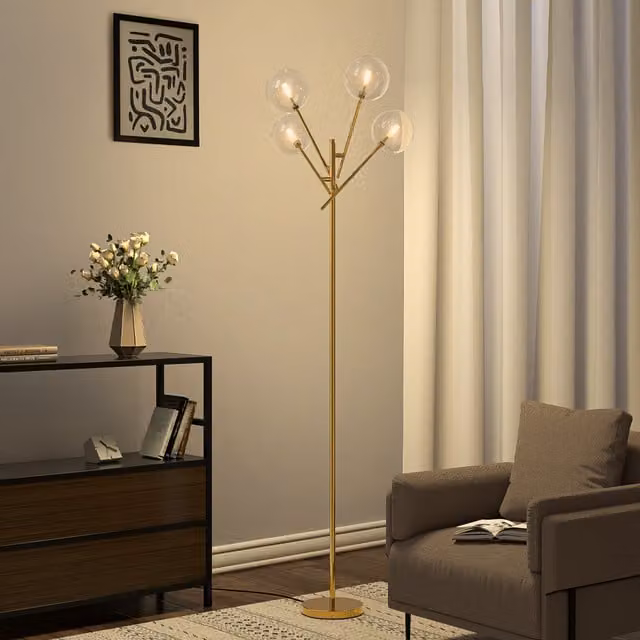 Livingandhome 4 Light Tree Floor Lamp in Gold and Brass with Transparent Glass Spheres