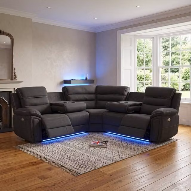HOME LUXE INTERIOR Montana Dark Grey Fabric Electric Recliner Corner Sofa with Bluetooth, LED Lighting and USB Charging