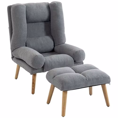 HOMCOM Grey Fabric Recliner Chair with Matching Ottoman and Wooden Legs – 1