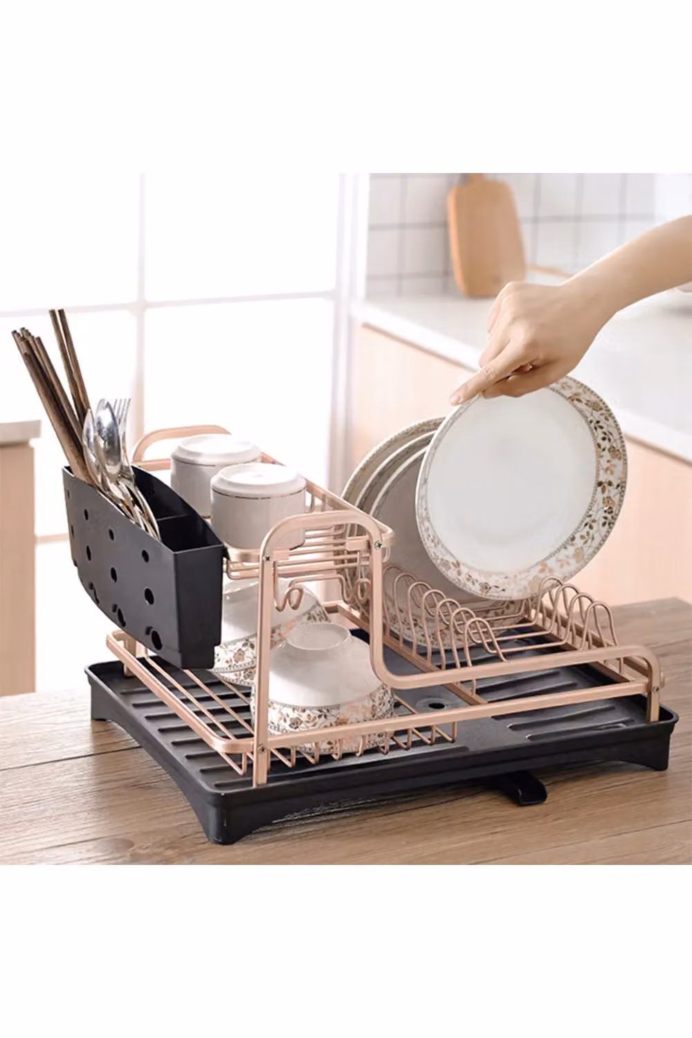 Living and Home 2-Tier Dish Drainer Rack in Black with Removable Drip Tray and Cutlery Holder – 2