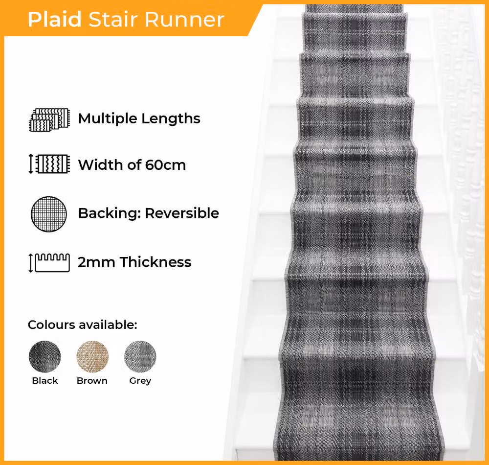 runrug Plaid Reversible Stair Runner Carpet, Brown, W: 60 cm, L: 480 cm – 2
