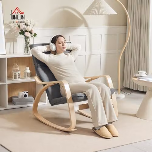 HOMCOM Modern Grey Fabric Rocking Chair with High Back and Armrests – 2