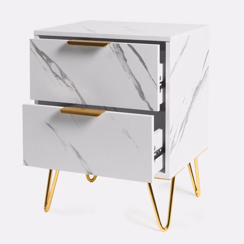 OHS Marble Effect Nightstand Bedside Table in White – 2