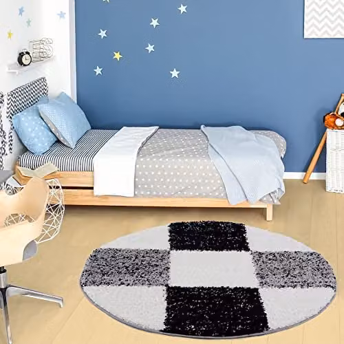 THE RUGS Modern Grey Checked Round Shaggy Area Rug, Diameter: 120 cm