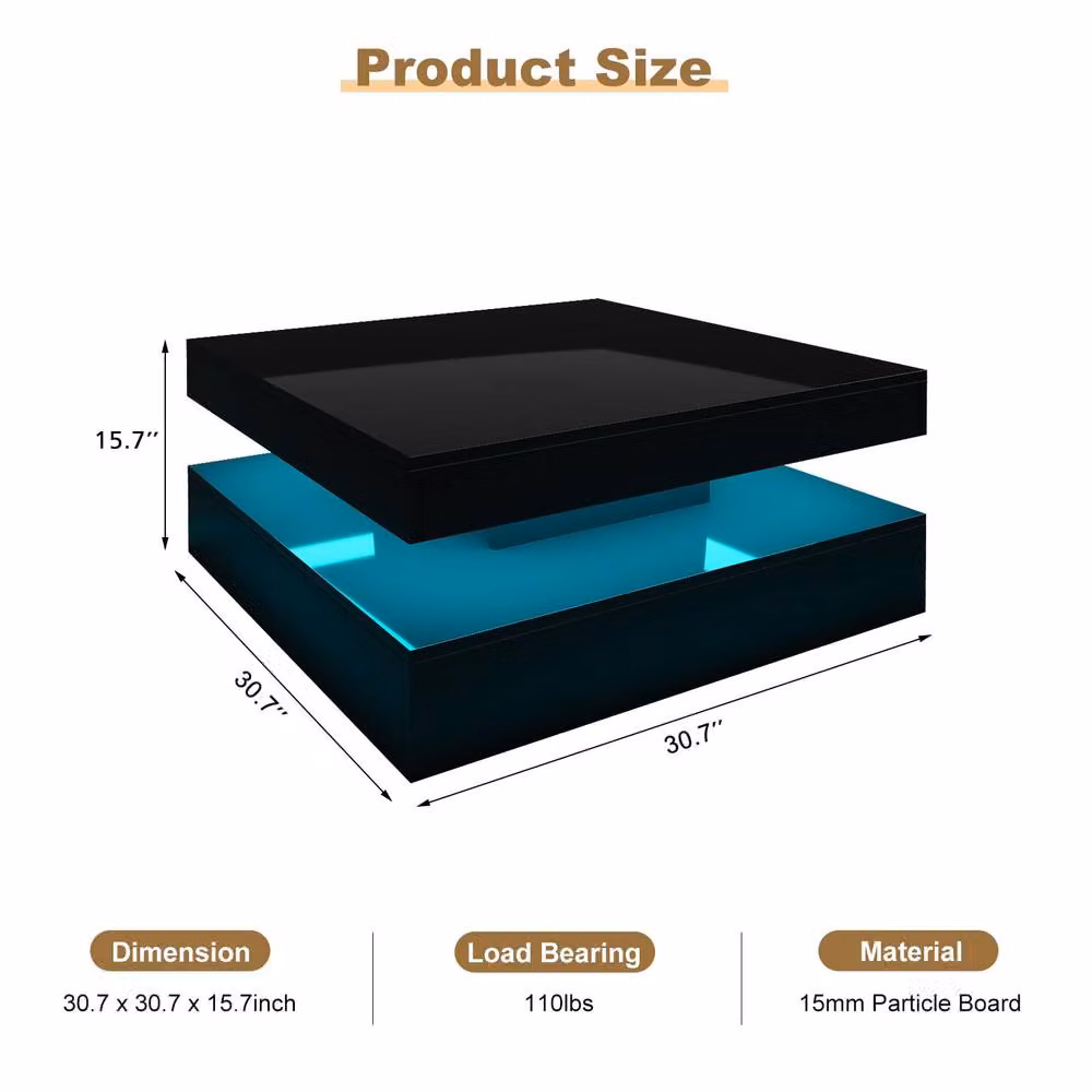 KEEPREAPER Modern Square Coffee Table with Storage and LED Light in Black, W/D/H: 78 x 40 x 78 cm – 2