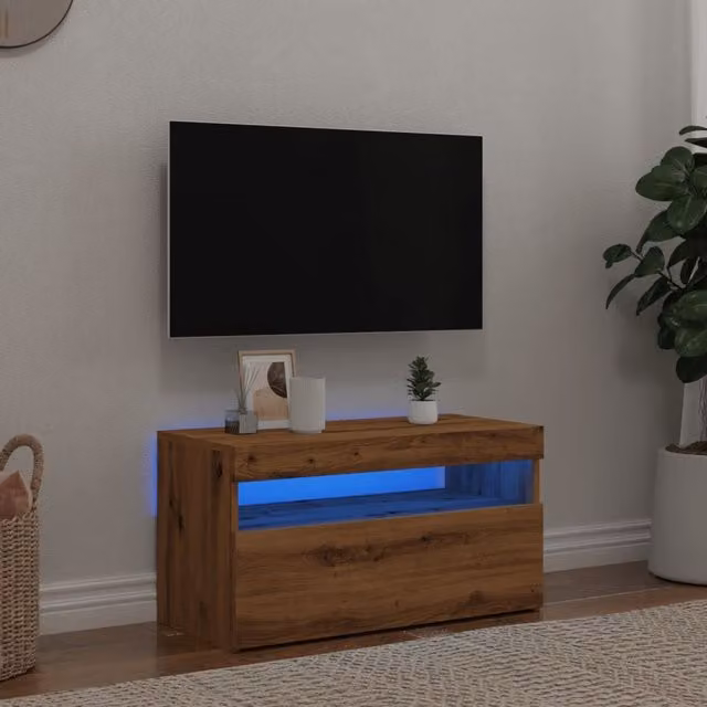 Berkfield Home Modern TV Cabinet with LED Lights in Artisan Oak Brown, W/D/H: 75 x 35 x 40 cm