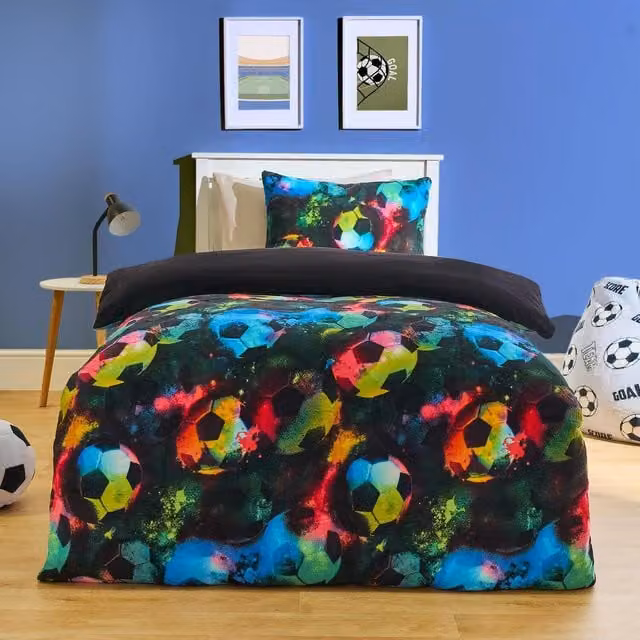 OHS Kids Football Fleece Duvet Cover and Pillowcase Set, Multicolour and Black