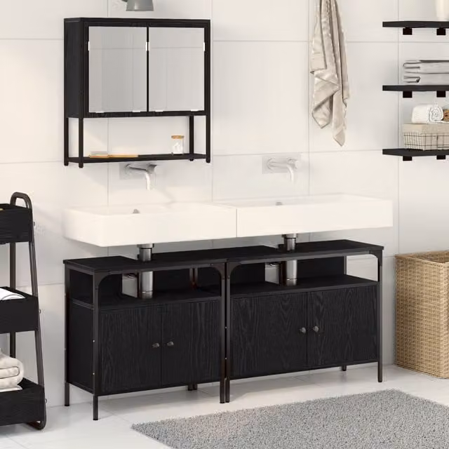 Berkfield Home 3 Piece Modern Black Oak Bathroom Furniture Set with Vanity Unit and Mirror Cabinet