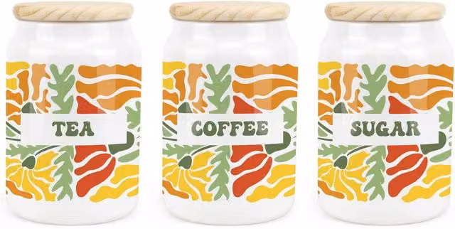 Purely Home Retro Floral Ceramic Tea, Coffee and Sugar Canister Set in Green, Orange and Yellow