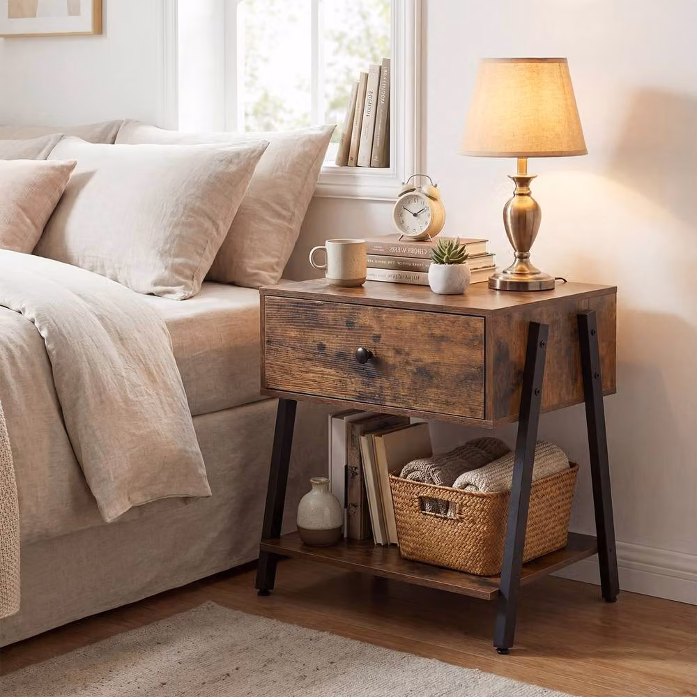 Costway Industrial Nightstand with Drawer and Shelf, Brown Wooden Bedside Table – 3