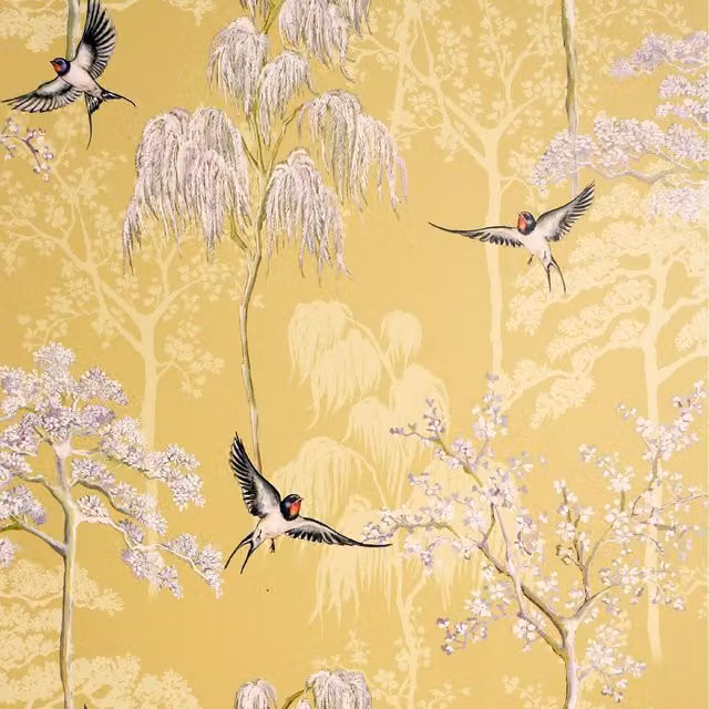Arthouse Oriental Garden Floral Blossoms Birds Wallpaper in Ochre Yellow 908002