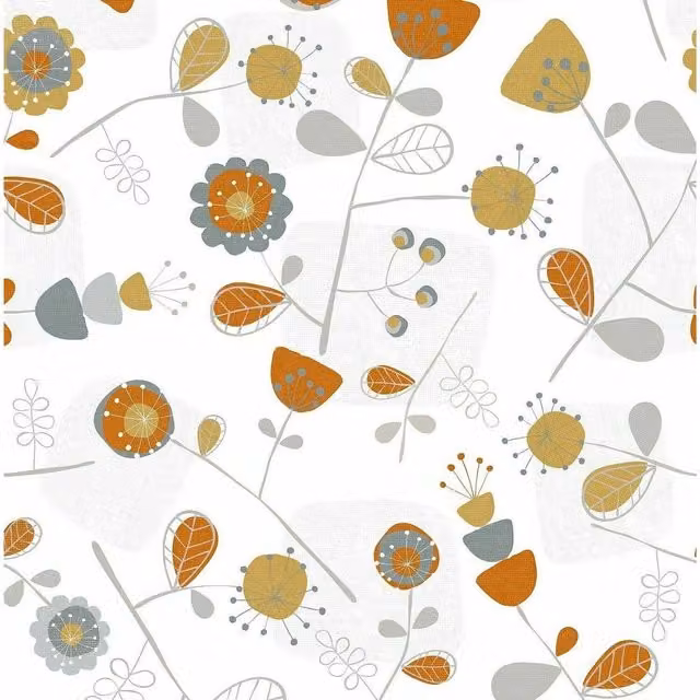 Arthouse Retro Newstalgia Botanical Floral Wallpaper in Orange, Yellow, Grey and White