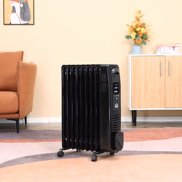 HOMCOM Digital Oil Filled Radiator 9 Fin Portable Electric Heater with Thermostat and Timer, Black
