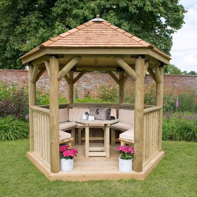 Forest Hexagonal Garden Gazebo in Cream, Cedar and Pine with Steel Frame, 3 m