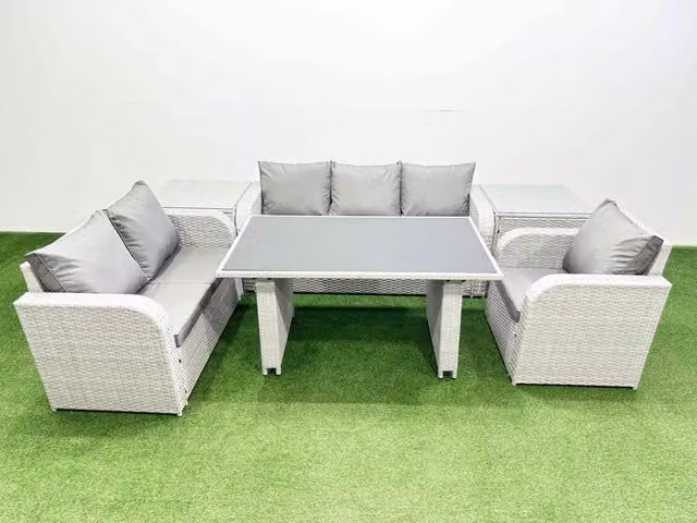Fimous 6 Seater Rattan Outdoor Sofa Set with 2 Side Tables in Light Grey