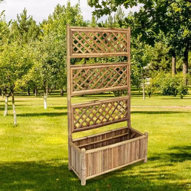 Berkfield Home Garden Wooden Raised Bed with Bamboo Trellis in Brown, Width: 70 cm – 1
