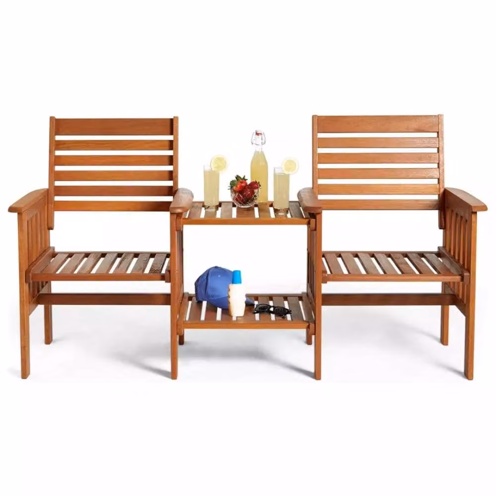 Marco Paul Traditional Jack & Jill Acacia Wood Bench with Square Glass Table in Brown, W/D/H: 164.5 x 63.0 x 63.0 cm – 2