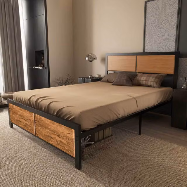 HOMCOM Industrial Bed Frame with Headboard in Rustic Brown