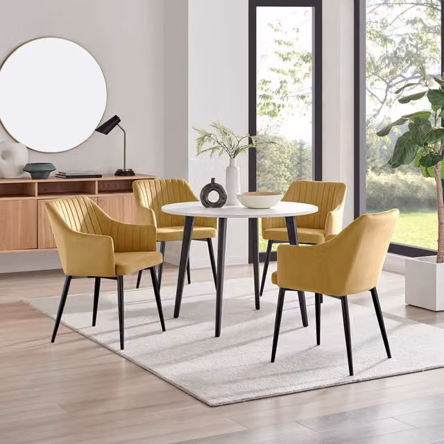 FurnitureboxUK Koko White Melamine Round Dining Table and 4 Calla Black Leg Chairs in Mustard