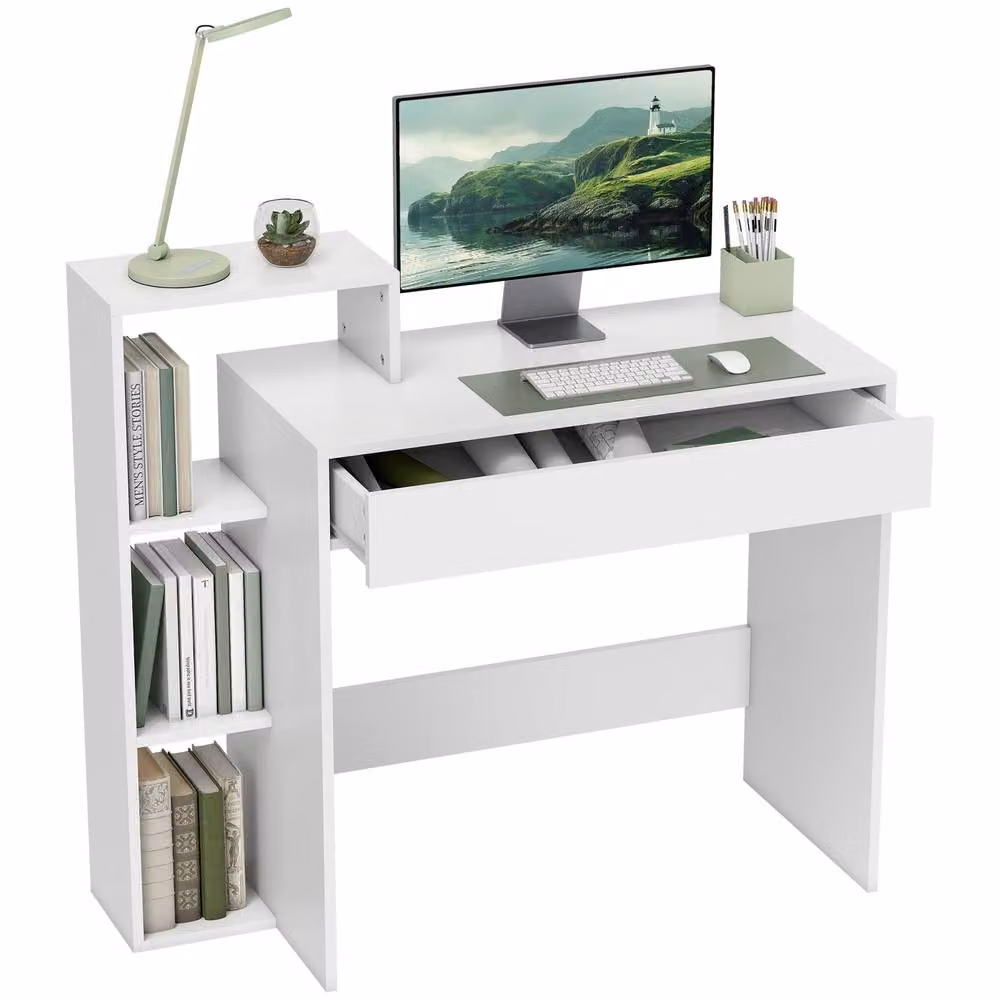 STILVORA Modern White Writing Desk with Storage and 3 Shelves – 2