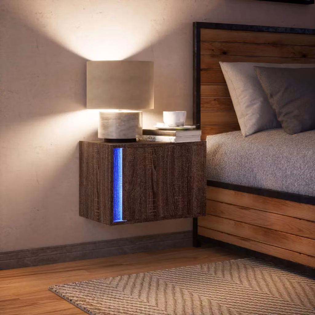 Berkfield Home Wall-mounted Bedside Cabinet with Integrated LED Lights in Brown Oak – 4