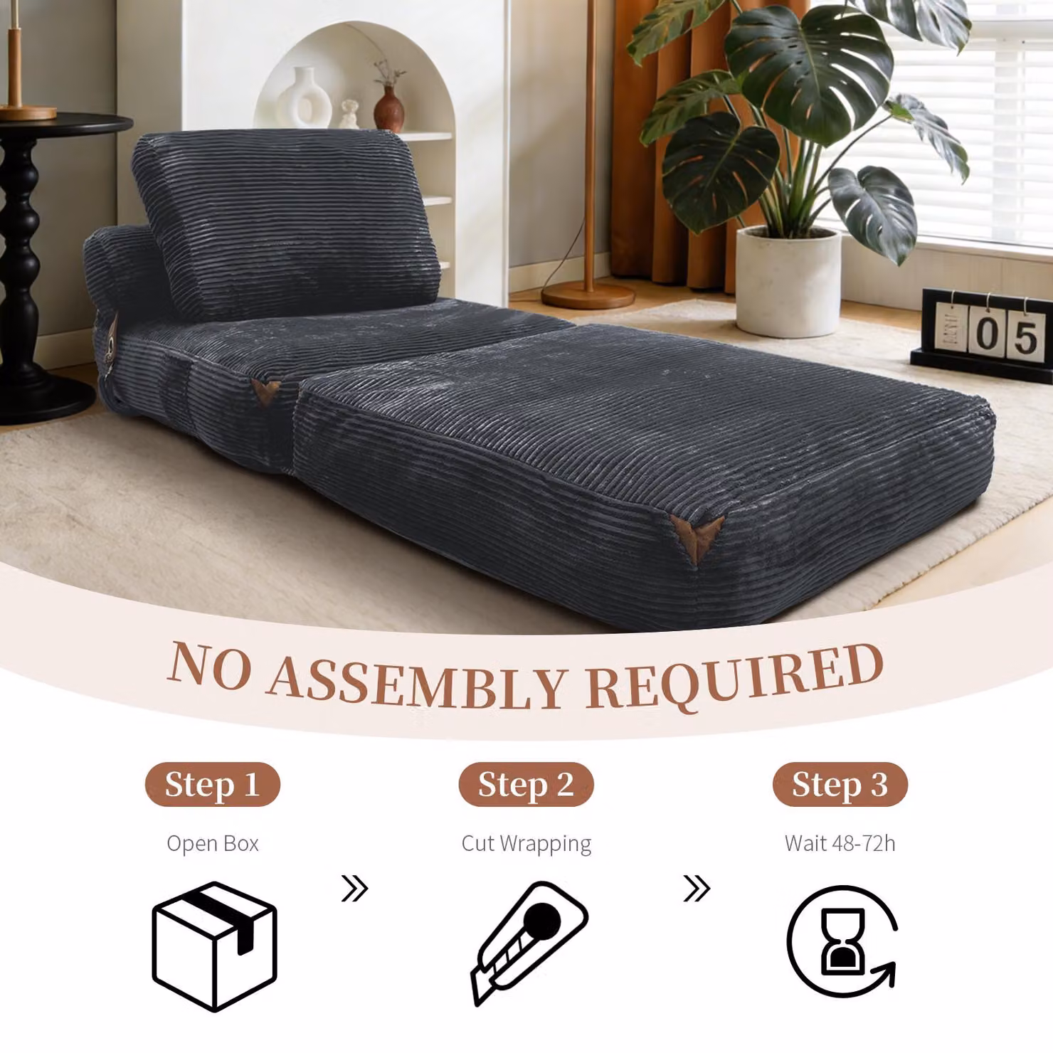 Aosom UK 3-in-1 Convertible Corduroy Floor Sofa Bed with Side Pockets, Grey, W/D/H: 86 x 87 x 40 cm – 6