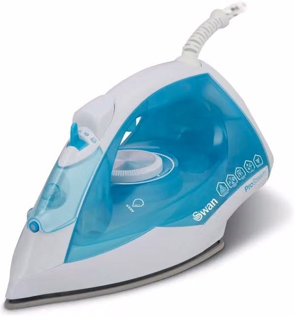 Swan 2200W Steam Iron in White and Blue with Non-Stick Ceramic Plate, Vertical Steam and Anti-Calc Function, 34cm