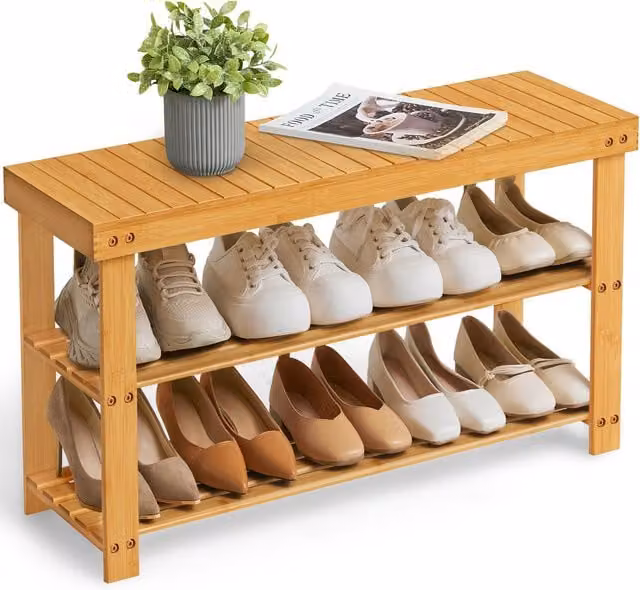 Songmics 3-Tier Bamboo Shoe Rack Storage Organiser, Brown, W/D/H: 90 x 28 x 45 cm