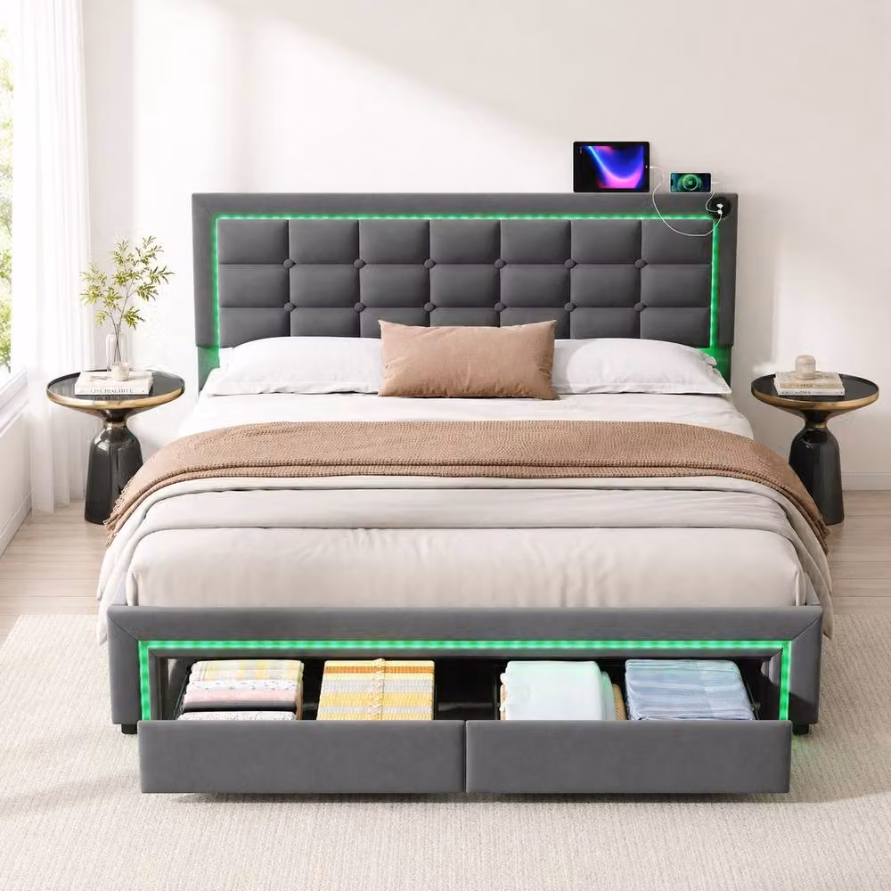Merax Grey Velvet Upholstered Hydraulic Storage Bed with LED Lighting, USB Charging Port and Drawers, W/D/H: 140 x 200 cm – 2